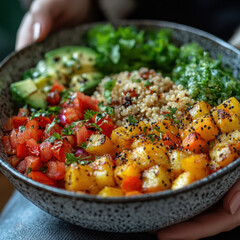 Bowl of quinoa with tomatoes, avocado, and couscous.