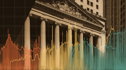 Stock market trends graph analysis financial district data visualization urban environment aerial view investment insights