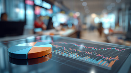 Dynamic business graph analysis corporate office data visualization modern workspace close-up view insightful trends