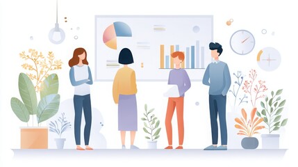 Team Collaborating on Business Strategy with Charts and Plants