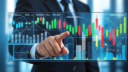 Image is a digital illustration featuring a business-themed layout. In the foreground, a person in a dark suit is pointing at a transparent screen displaying various financial graphs and charts.