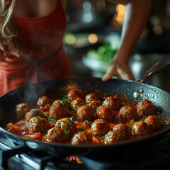 Woman cooking meatballs in a skillet.