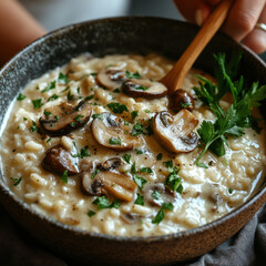 Bowl of mushroom risotto with a wooden spoon.