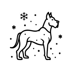 Obraz premium Great Dane standing in snow with snowflakes falling around 