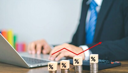 Professional working on computer, with visual of growing percentages and red arrow, symbolizing investment opportunity, high returns, financial tax planning, increasing income. business concept.