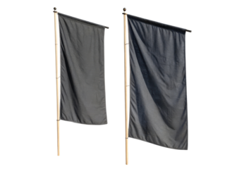 Empty flagpoles display dark fabric banners, showcasing minimalist design perfect for events or promotions. fabric flows gently breeze