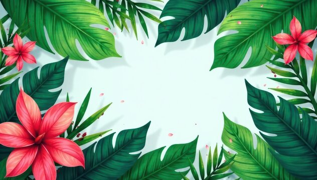 Lush hand-painted tropical leaf frame Perfect for announcements , save the date, illustration, leaves - Powered by Adobe