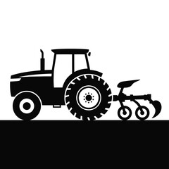 Fototapeta premium Black tractor silhouette with plow on a white background