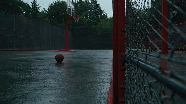A basketball on a wet court with a red basketball hoop and chain link fence on a rainy day outside
