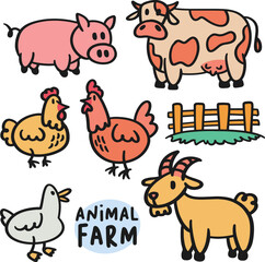 Animal farm doodle scribble. Cow, chicken, goat, pig, duck scribble for kids illustration.