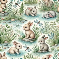 Baby bunnies sitting and swimming in a forest stream surrounded by stones, grass, and dragonflies. Seamless watercolor pattern with rabbits in natural riverside landscape.
