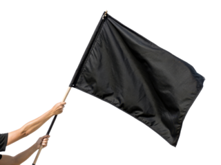 Person holds black flag high, symbolizing various meanings such as protest or surrender, evoking strong emotions and messages