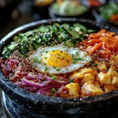 Fried egg atop a bowl of food.