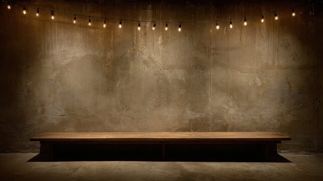 Rustic wooden platform in front of a textured concrete wall with warm string lights overhead
