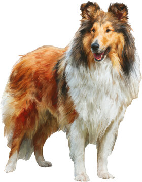 Beautiful rough collie dog standing with a fluffy coat isolated on transparent background