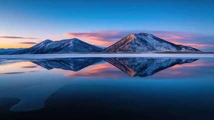 Majestic mountain peaks covered in snow are reflected in the calm waters of a lake at sunset, creating a serene and picturesque landscape scene with vibrant colors.