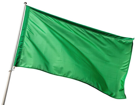 Vibrant green flag waves gracefully in breeze, symbolizing hope and renewal. Its smooth fabric catches light beautifully, creating striking visual
