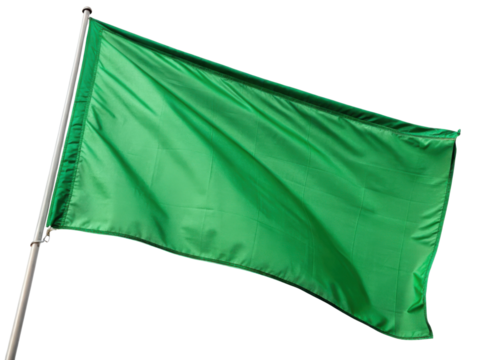 Vibrant green flag waves gracefully in breeze, symbolizing hope and renewal. Its smooth fabric catches light beautifully, creating striking visual