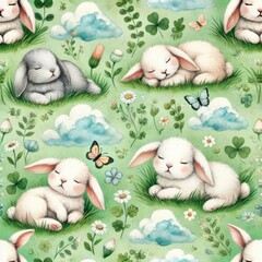 Sleeping bunnies lying on grass surrounded by clover, wildflowers, butterflies, and clouds. Seamless watercolor pattern with rabbits in peaceful meadow landscape.