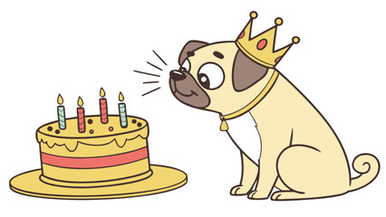 Cute pug dog with birthday cake and crown vector illustration for party invitation and greeting card design