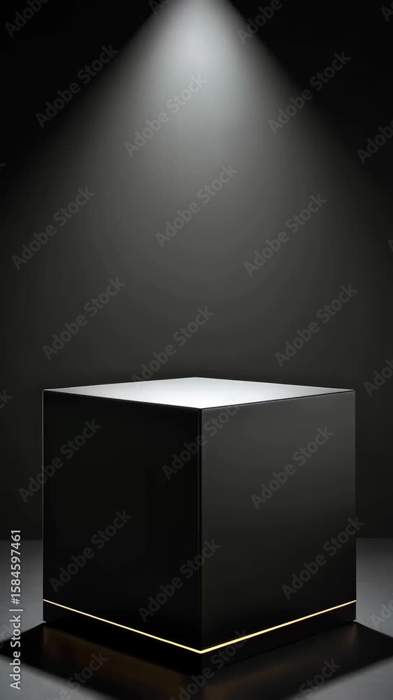Poster elegant black cube with a subtle gold accent illuminated by a spotlight against a dark background, c