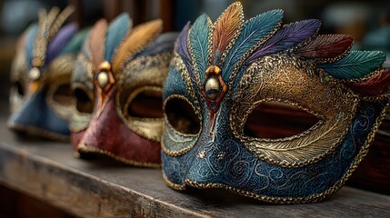 Colorful Venetian Masks with Feather Decorations Displayed on Wooden Surface