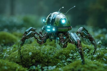 Fototapeta premium A futuristic robot insect with glowing lights stands amidst lush green moss, showcasing intricate mechanical details and a blend of nature and technology in a surreal setting.