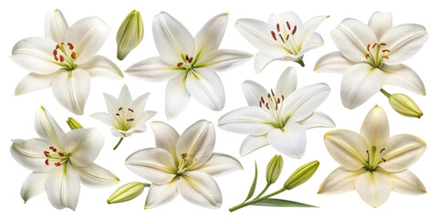 Beautiful white lily flowers various stages of bloom showcase their elegance and grace. Each flower radiates purity and charm, perfect for any