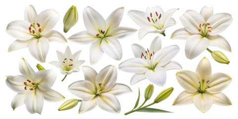 Beautiful white lily flowers various stages of bloom showcase their elegance and grace. Each flower radiates purity and charm, perfect for any