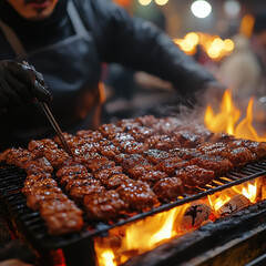 Person grilling meat on grill.