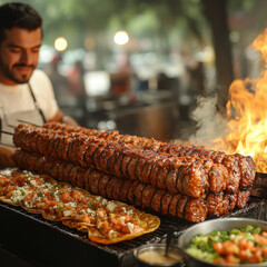 Man grilling meat on a BBQ.