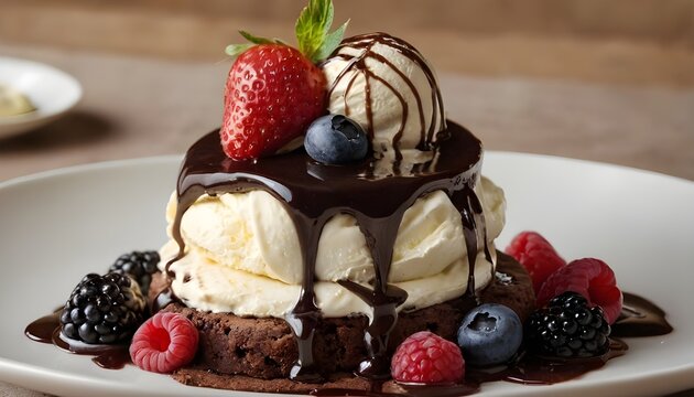 brownie sundae with vanilla ice cream, berries, and chocolate sauce