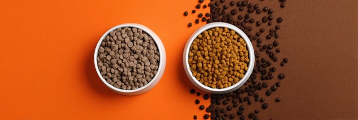Pet Food Product Comparison Showcasing Different Textures and Colors of Dry Kibble for Dogs and Cats