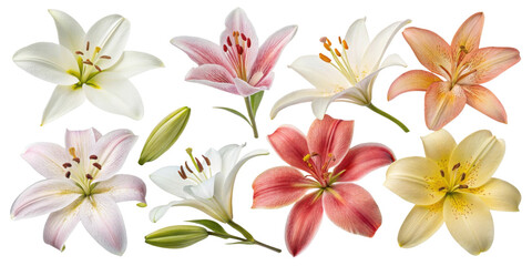 Fototapeta premium Lily flower collection showcases vibrant colors and delicate petals, creating stunning visual display of nature beauty