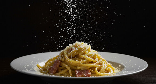 Parmesan cheese is being grated over a plate of carbonara pasta, highlighting the creamy sauce and bacon pieces.