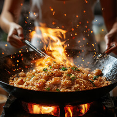 Person cooking rice in a skillet.