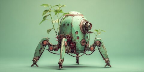 A steampunk robot with green plants growing from its body creates a unique blend of nature and technology, showcasing a futuristic yet organic aesthetic with a vintage feel.