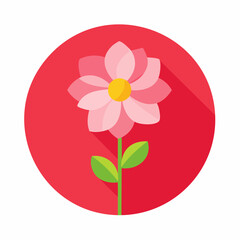 Fototapeta premium Pink abstract flower with yellow dot and green stem over red background, playful flat vector style.