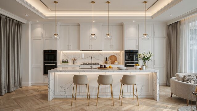 Elegant white kitchen with marble island and gold accents.