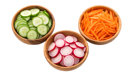 cucumber radish and carrot slices beautifully arranged in wooden bowls creating a vibrant and healthy isolated on white background 33902238 1