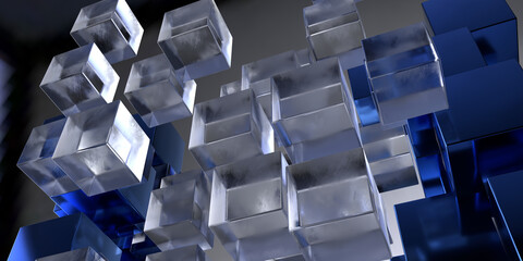 Transparent cubes pattern blue glass cube background geometric 3d crystals mockup