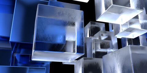 Transparent cubes pattern blue glass cube background geometric 3d crystals mockup
