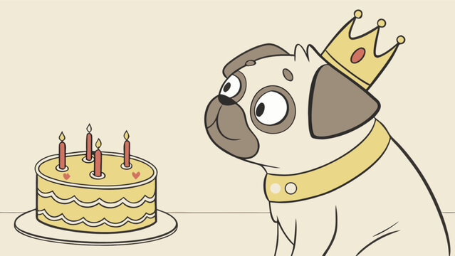 Cute pug dog birthday party with cake and crown vector illustration for kids and animal lovers design - Powered by Adobe