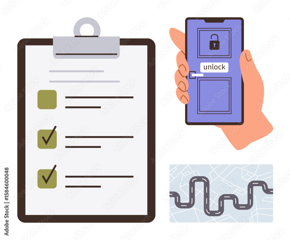 Poster task list clipboard, hand holding smartphone with lock screen, and map with route highlighting organ