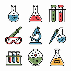 Nine Colorful Science Lab Icons Featuring Beakers Test Tubes Microscope and Safety Goggles