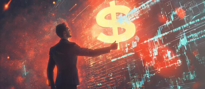 Silhouette of a businessman points towards a glowing dollar symbol in a digital data environment red and blue color scheme representing financial concept.