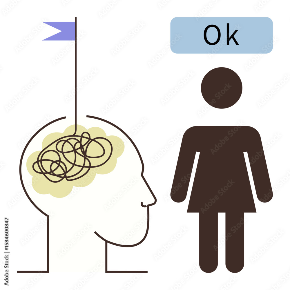 Poster tangled brain metaphor inside simple head outline with flag above, standing person, ok text bubble. 