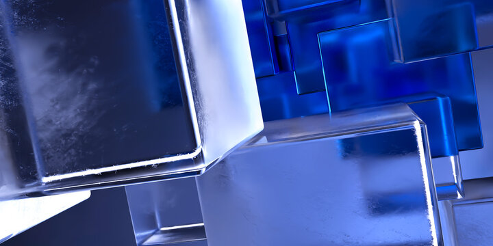Transparent cubes pattern blue glass cube background geometric 3d crystals mockup
