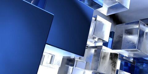 Transparent cubes pattern blue glass cube background geometric 3d crystals mockup