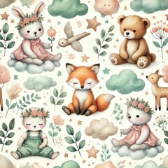 Woodland animals sitting among clouds, stars, flowers and leaves on light background. Seamless watercolor pattern with bunny, fox, bear, deer and bird in fantasy nursery scene.